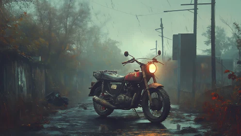 Lone motorcycle idles in a rain-soaked, foggy street scene.