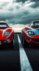 Red sports cars aligned on road under overcast sky.