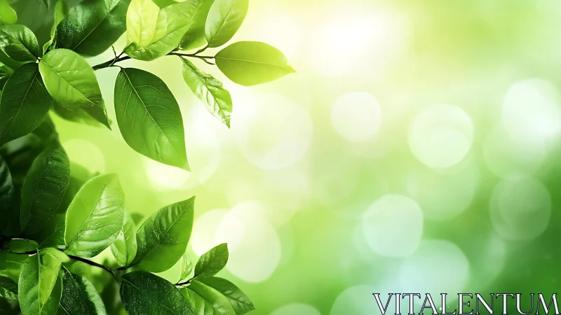 Fresh green leaves on branch with soft bokeh background, nature style.