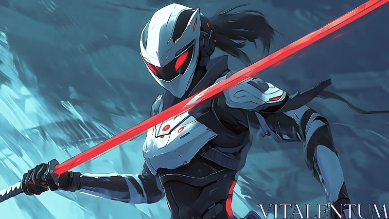 Fierce cybernetic warrior holds a glowing red energy blade ready