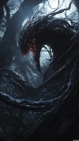 Nocturnal void-creature coils amid bioluminescent forest mist