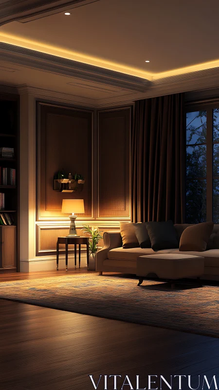 Warm modern living room with sofa, lamp, and wood paneling.