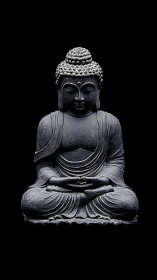 Dark stone Buddha statue in seated meditation pose on black.