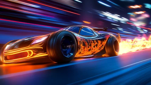 Rendered sports car travels on neon track with trailing flames
