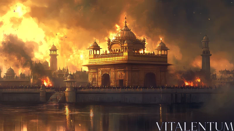 Golden citadel under siege in a storm of burning sky.
