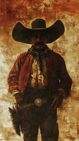 Vintage cowboy portrait under wide hat, sepia western art.