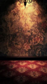 Directional spotlight exposes aged damask wall and carpet seam