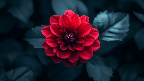 Deep Red Dahlia in Moody Garden Setting.