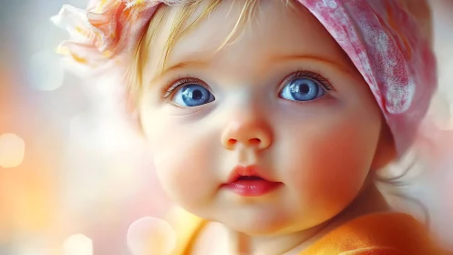 Radiant Child Portrait with Azure Eyes and Pink Details.