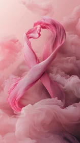 Pink silk ribbon forms loop within soft swirling clouds