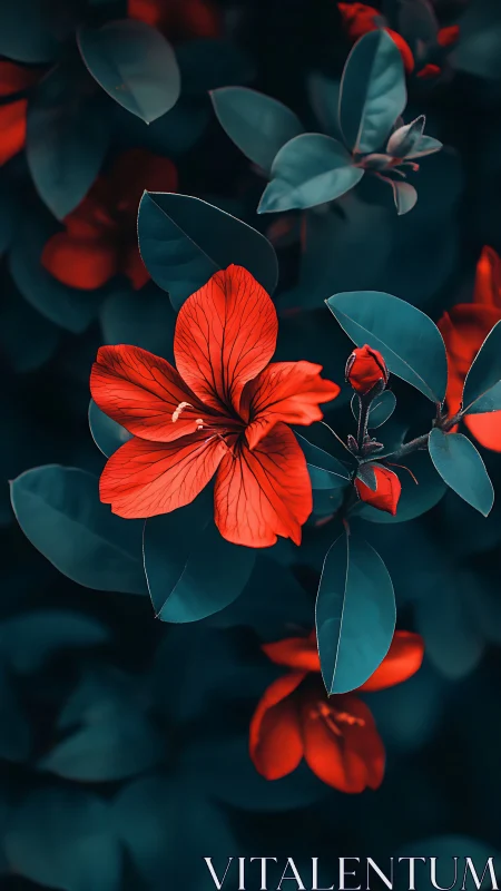 Vermillion Hibiscus with Teal Foliage: Chromatic Botanical Composition.