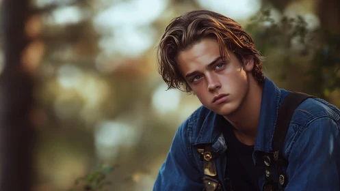 Young man in denim jacket in soft outdoor portrait.