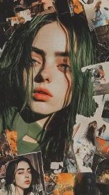 Layered portrait collage with green-haired woman and mixed media.
