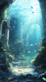 Sunlit underwater ruins with coral steps and arches.