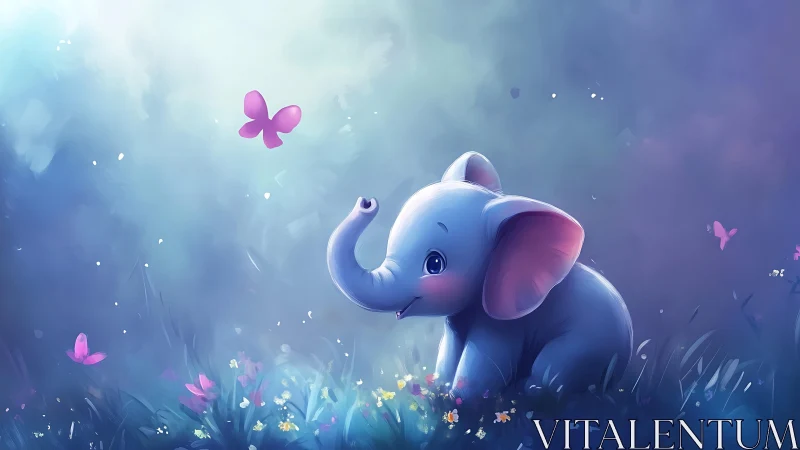 Tiny twilight elephant trades secrets with drifting butterflies
