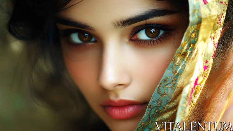 Close-up digital portrait of woman with ornate headscarf.