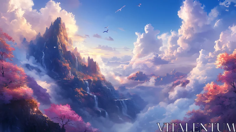 Sunlit alpine spires rise above misted waterfalls and clouds