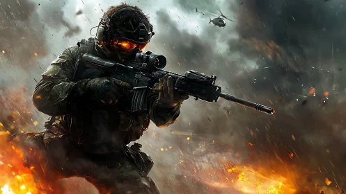 Armored infantry fires rifle amid volumetric explosions and smoke