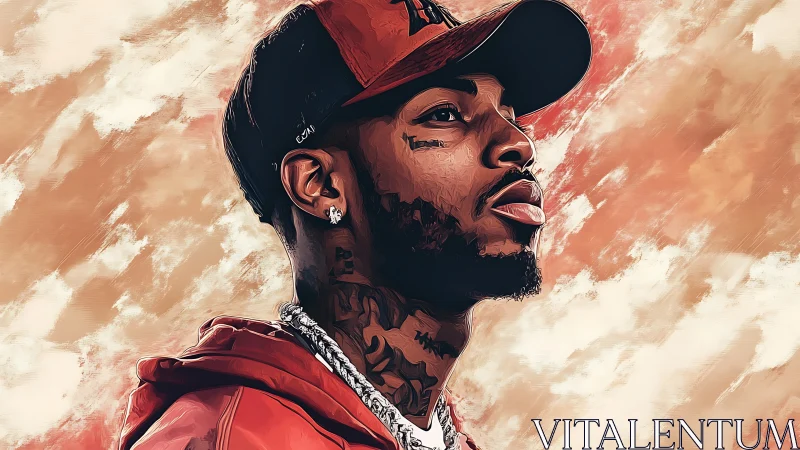 Digital portrait of tattooed man in red cap against pastel sky