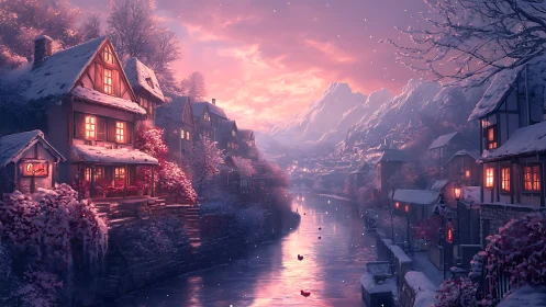 Snowy riverside village glows under a pink winter sunset.