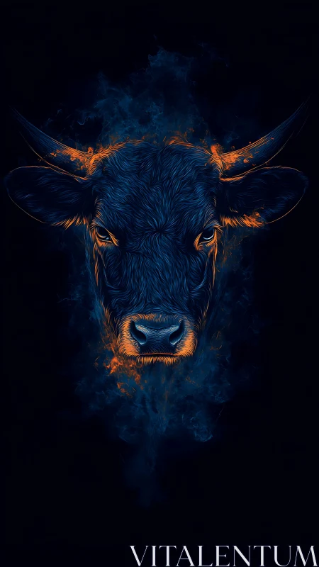 Neon blue bull portrait with fiery horns on black void.
