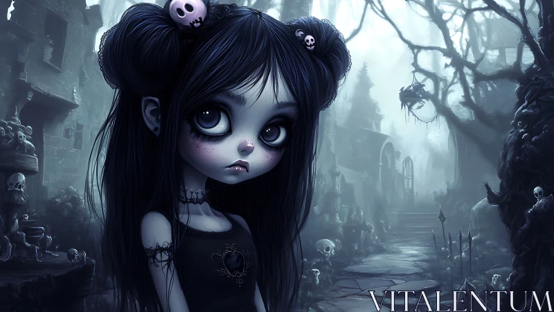 Gothic big eyed girl standing in eerie skull filled graveyard.