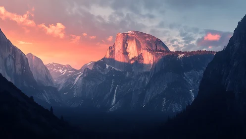Sunlit granite dome above shadowed Yosemite valley at dusk.