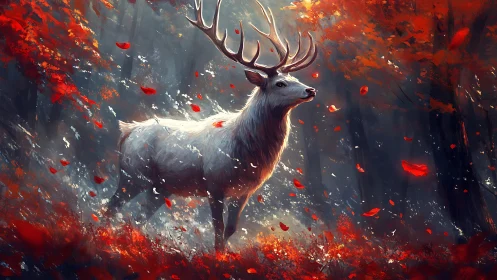 Majestic white stag stands amid swirling autumn embers.