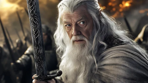 White bearded warrior holding ornate sword in battle scene.