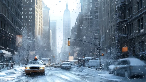 Photorealistic winter city street scene with cinematic depth.