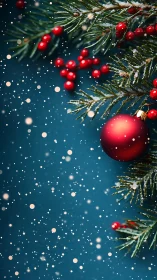 Red ornament and fir branches are arranged against blue background