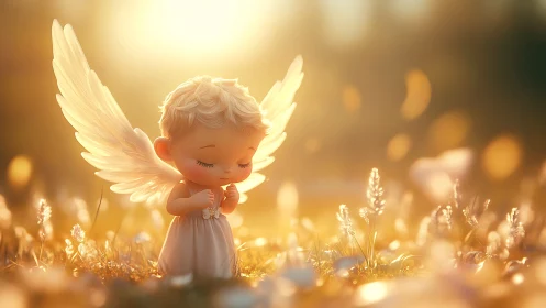 Backlit cherub angel kneeling in golden meadow light