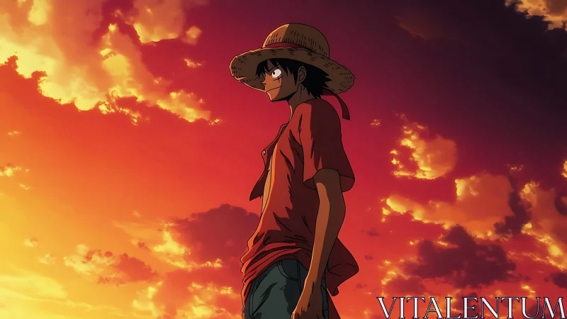 Anime boy in straw hat stands against vivid sunset sky