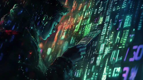 Neon-lit cybernetic analyst decoding holographic datastreams.