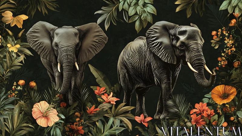 Detailed illustration of two African elephants in lush floral jungle