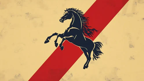 Stylized black horse leaping over bold red diagonal stripe.