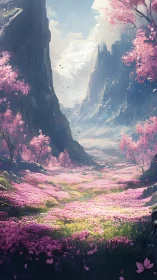 Mountain valley shows dense pink blossom fields and cliffs