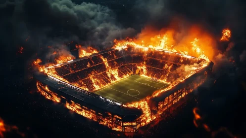 Aerial inferno engulfing enclosed football megastadium structure.