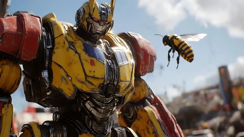 Yellow armored robot with flying mechanical bee companion.