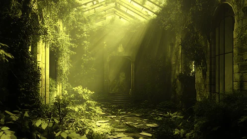 Digital painting of overgrown glass atrium in golden decay.