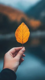 Hand holds single autumn leaf against soft blurred landscape