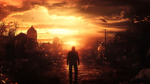 Lone survivor walks ruined street under burning sunset sky