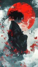 Solitary samurai silhouette aligns against a crimson solar disc