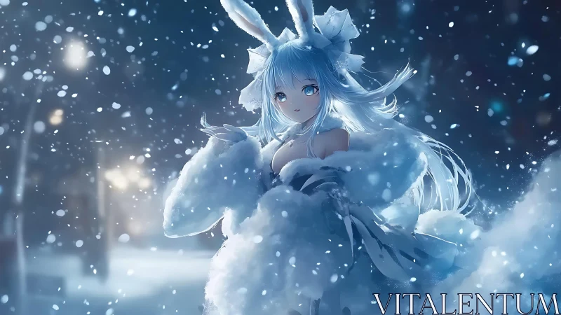 Snowy anime bunny girl in glowing winter nightscape.