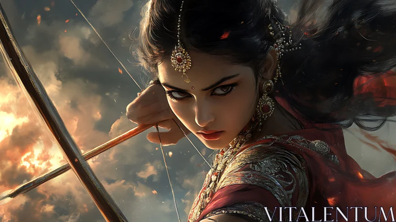 Fierce archer heroine framed in firelit stormy skies.