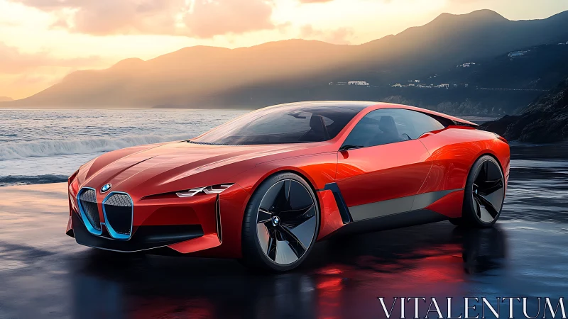 Red BMW concept coupe parked on wet coastal shoreline.