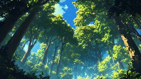 Sunlit Forest Canopy: Ancient Trees Frame Verdant Woodland Sanctuary.