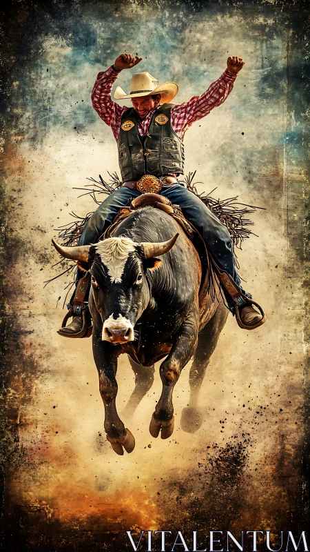 Rodeo cowboy rides a charging bull through flying dust.