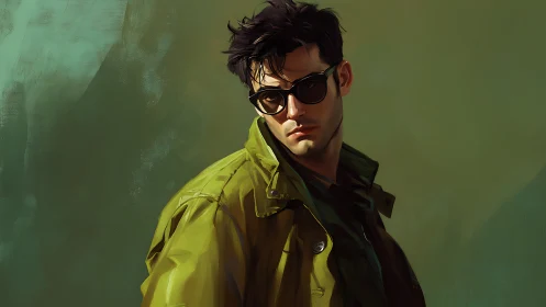 Brooding man in green coat with dark sunglasses portrait.