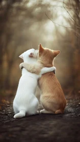 Two kittens embrace in warm woodland light.